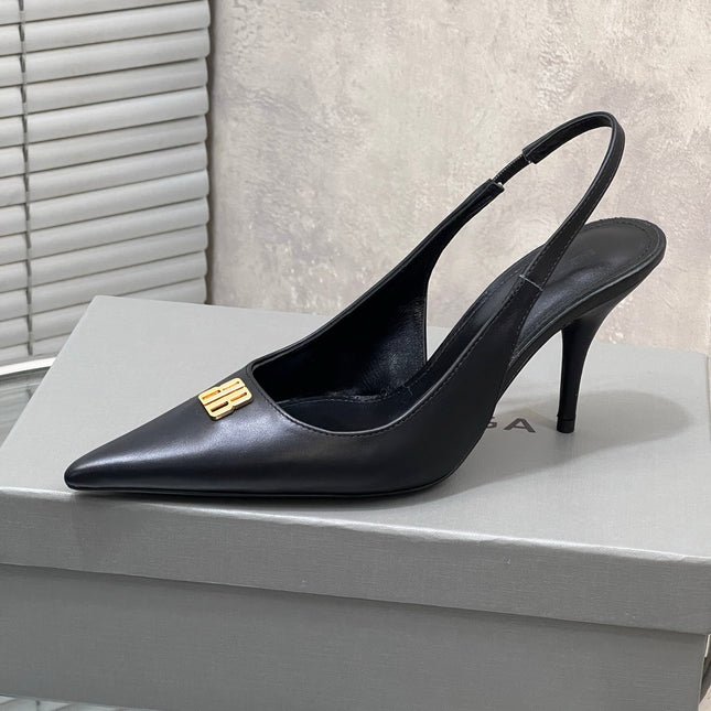 BALENCIAGA 25S HIGH-HEEL SLINGBACK 85 MM IN BLACK COW LEATHER WITH GOLD HARDWARE