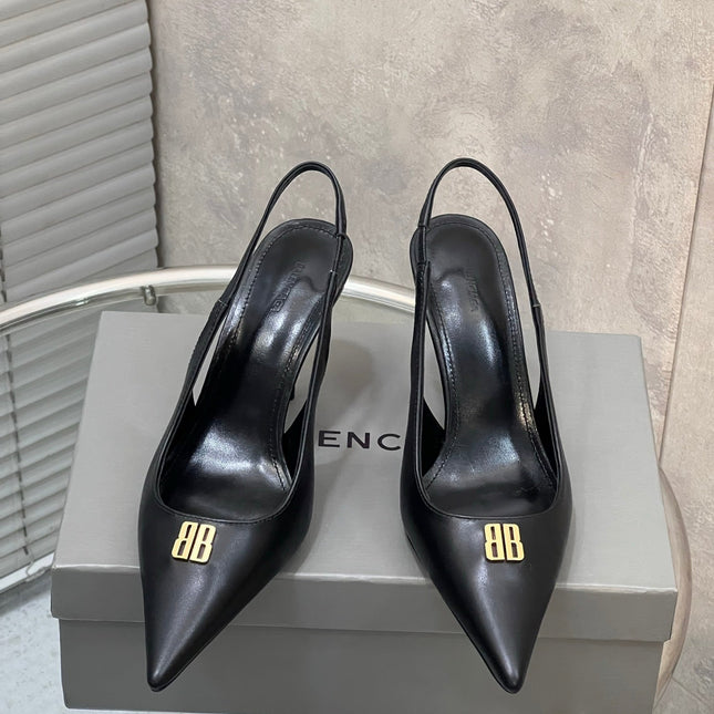 BALENCIAGA 25S HIGH-HEEL SLINGBACK 85 MM IN BLACK COW LEATHER WITH GOLD HARDWARE