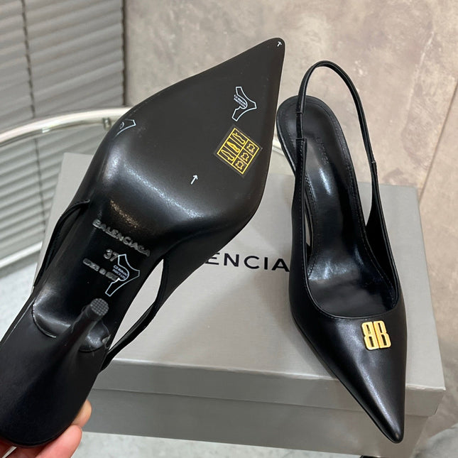 BALENCIAGA 25S HIGH-HEEL SLINGBACK 85 MM IN BLACK COW LEATHER WITH GOLD HARDWARE
