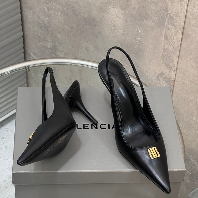 BALENCIAGA 25S HIGH-HEEL SLINGBACK 85 MM IN BLACK COW LEATHER WITH GOLD HARDWARE