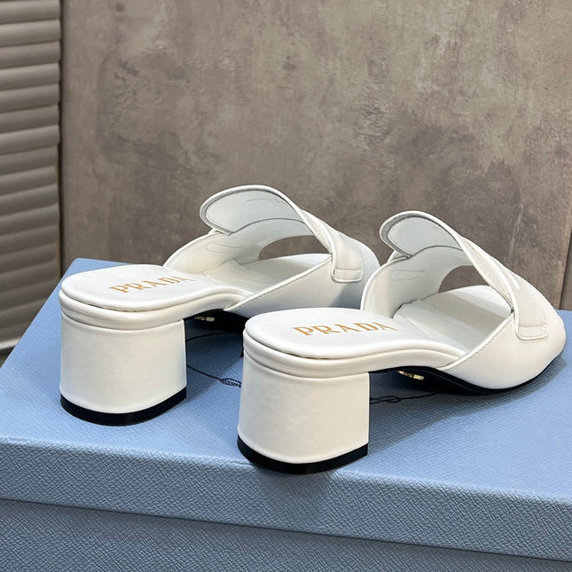 PRADA 26S BLOCK HEEL SLIDE SANDALS 60MM IN WHITE CALFSKIN WITH LOGO