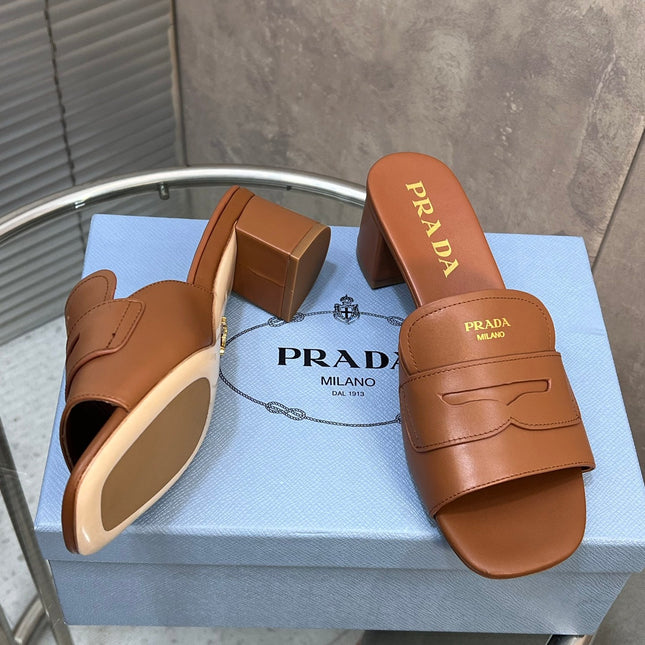 PRADA 26S BLOCK HEEL SLIDE SANDALS 60MM IN CARAMEL BROWN CALFSKIN WITH LOGO