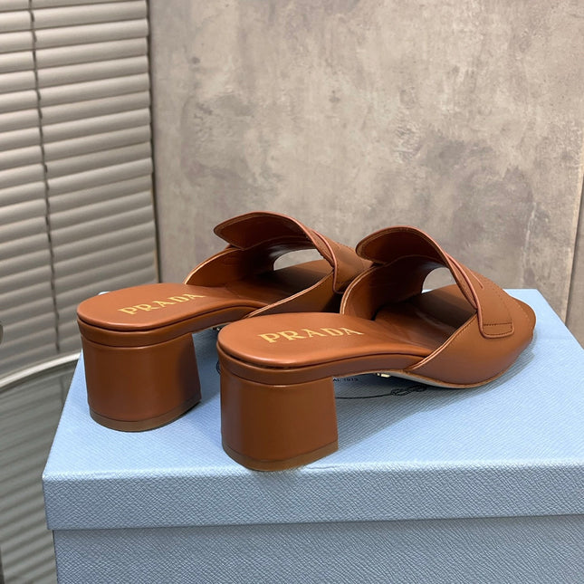 PRADA 26S BLOCK HEEL SLIDE SANDALS 60MM IN CARAMEL BROWN CALFSKIN WITH LOGO