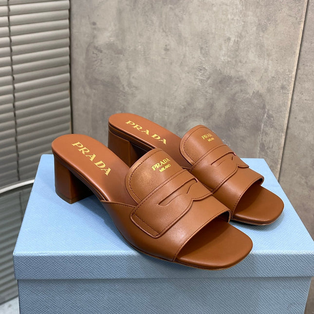 PRADA 26S BLOCK HEEL SLIDE SANDALS 60MM IN CARAMEL BROWN CALFSKIN WITH LOGO