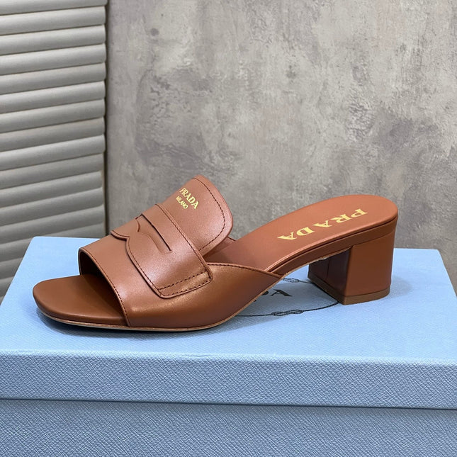 PRADA 26S BLOCK HEEL SLIDE SANDALS 60MM IN CARAMEL BROWN CALFSKIN WITH LOGO
