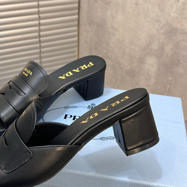 PRADA 26S BLOCK HEEL SLIDE SANDALS 60MM IN BLACK CALFSKIN WITH LOGO