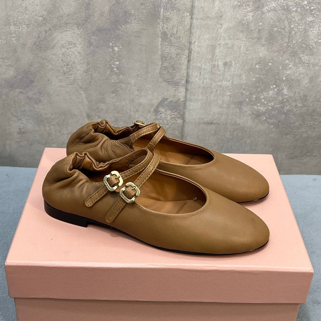 MIUMIU 26S DOUBLE STRAP MARY JANE FLATS IN CARAMEL BROWN SHEEPSKIN