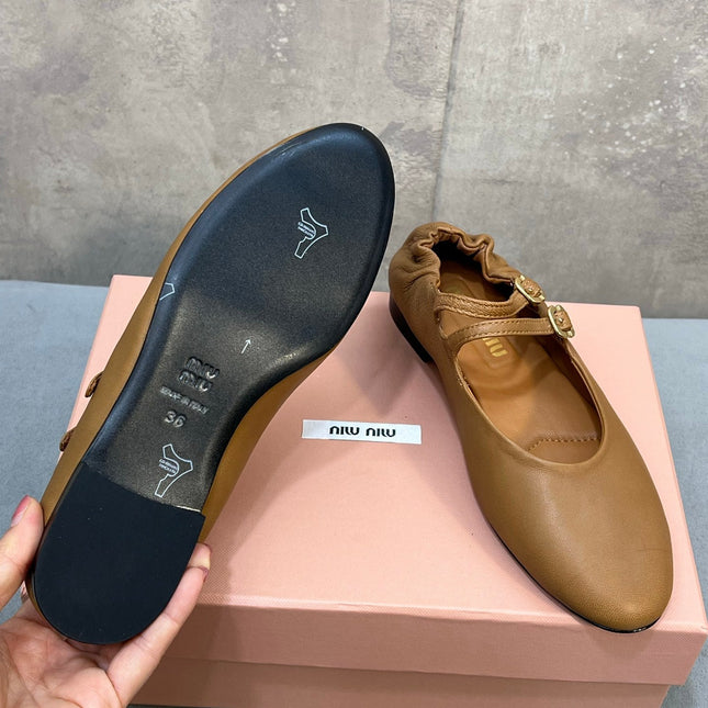 MIUMIU 26S DOUBLE STRAP MARY JANE FLATS IN CARAMEL BROWN SHEEPSKIN