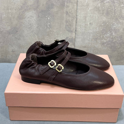 MIUMIU 26S DOUBLE STRAP MARY JANE FLATS IN DARK BROWN SHEEPSKIN
