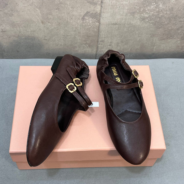 MIUMIU 26S DOUBLE STRAP MARY JANE FLATS IN DARK BROWN SHEEPSKIN