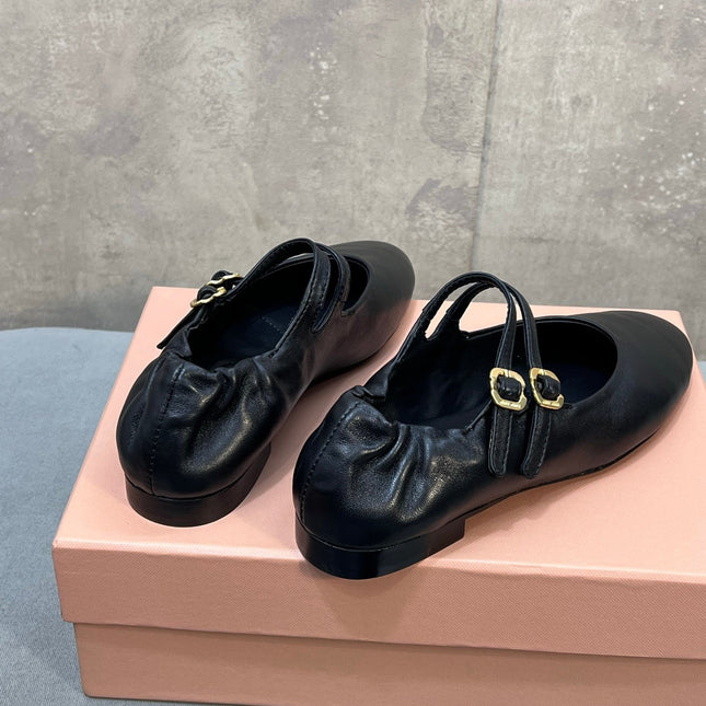 MIUMIU 26S DOUBLE STRAP MARY JANE FLATS IN BLACK SHEEPSKIN