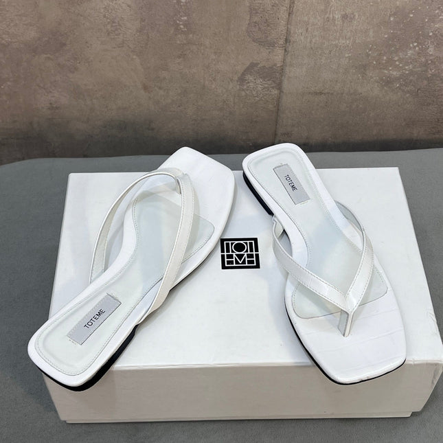 THE ROW 26S SQUARE TOE THONG SANDALS IN WHITE CROCODILE EMBOSSED CALFSKIN