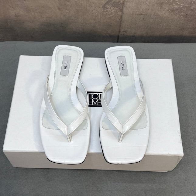 THE ROW 26S SQUARE TOE THONG SANDALS IN WHITE CROCODILE EMBOSSED CALFSKIN