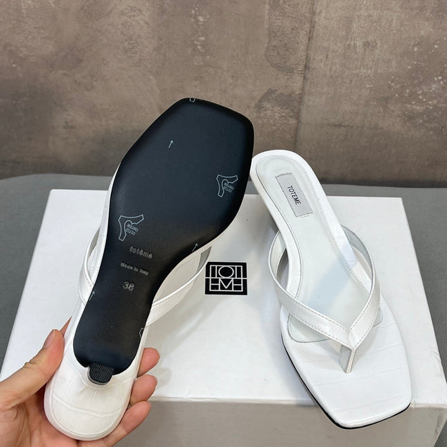 THE ROW 26S SQUARE TOE THONG KITTEN HEEL SANDALS 45MM IN WHITE CROCODILE EMBOSSED CALFSKIN