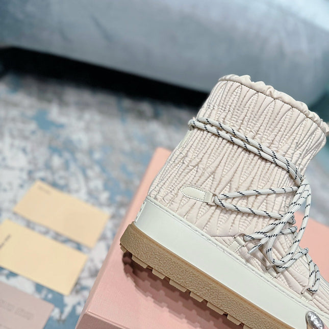 MIUMIU 26S ANKLE SNOW BOOTS IN BEIGE FABRIC