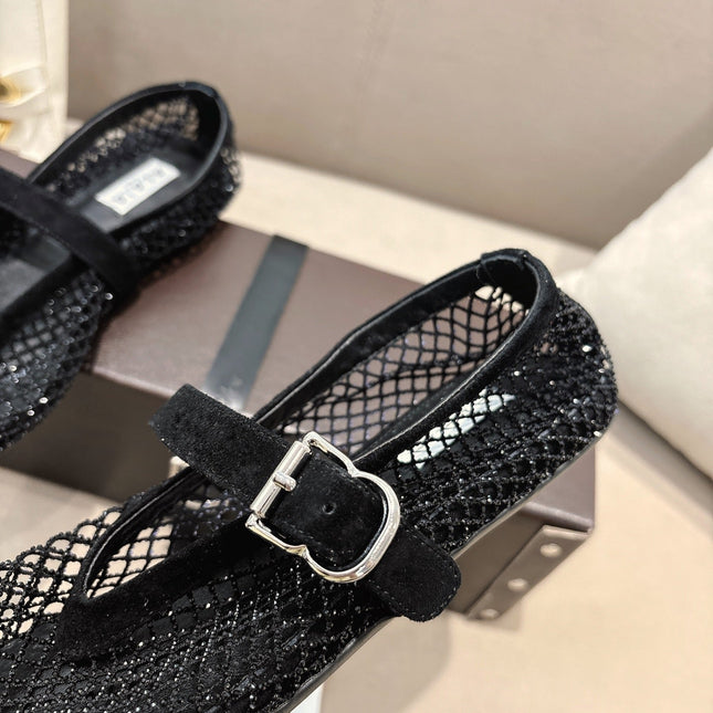 ALAIA 26S MESH FLATS IN BLACK SUEDE