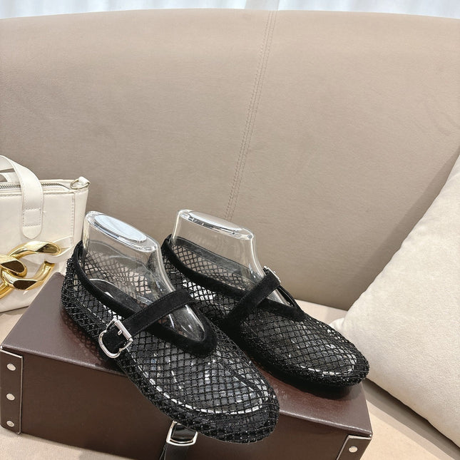 ALAIA 26S MESH FLATS IN BLACK SUEDE