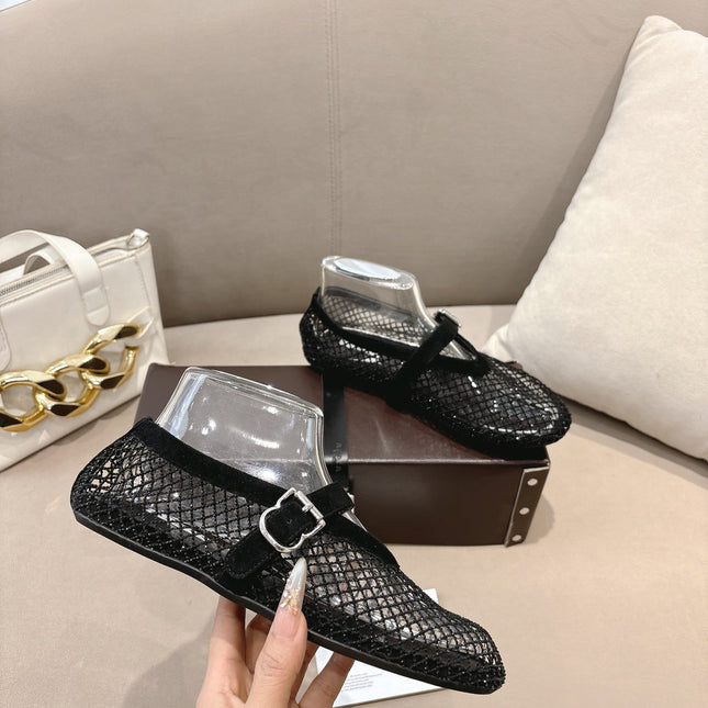 ALAIA 26S MESH FLATS IN BLACK SUEDE