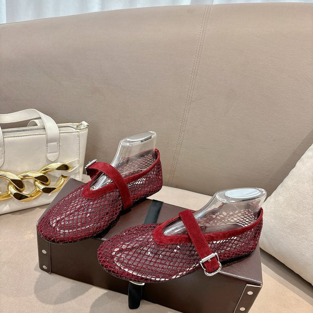 ALAIA 26S MESH FLATS IN DARK RED SUEDE