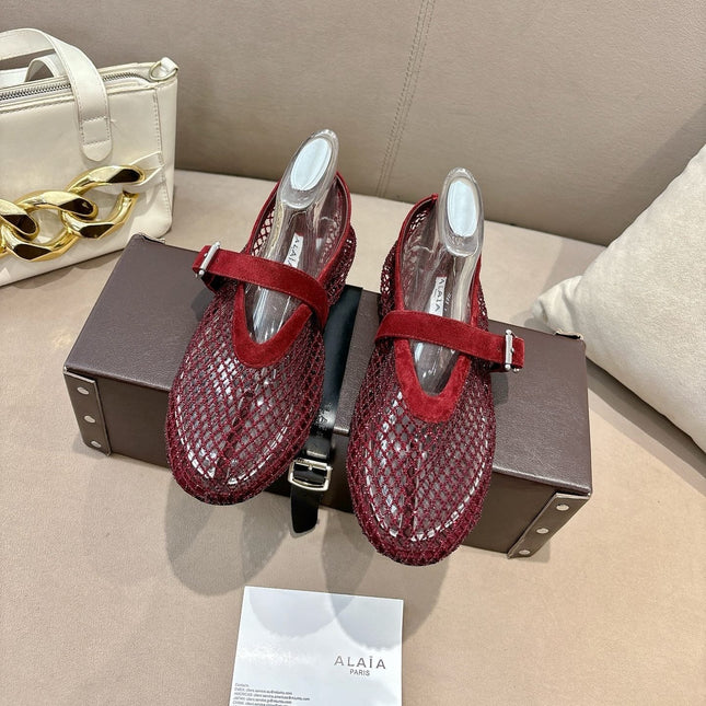 ALAIA 26S MESH FLATS IN DARK RED SUEDE