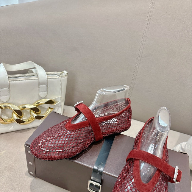ALAIA 26S MESH FLATS IN DARK RED SUEDE