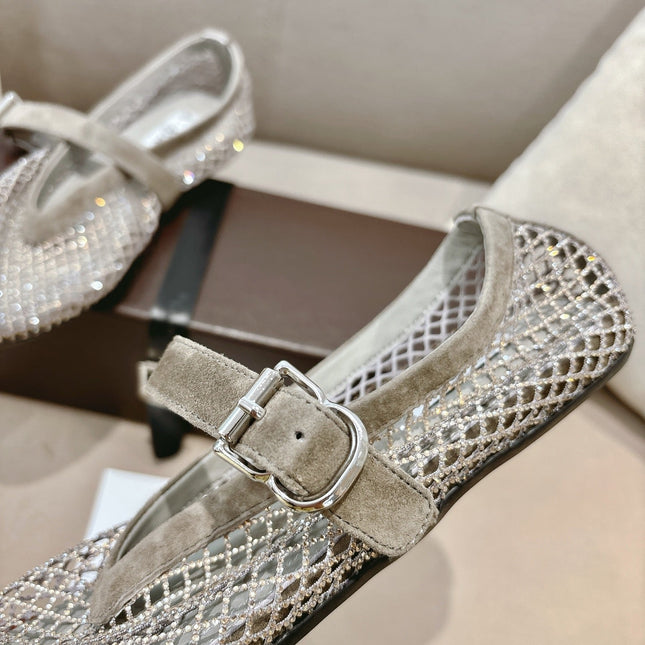 ALAIA 26S MESH FLATS IN BEIGE BROWN SUEDE