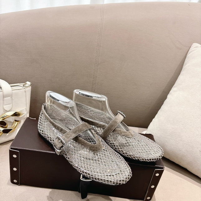 ALAIA 26S MESH FLATS IN BEIGE BROWN SUEDE