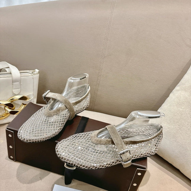 ALAIA 26S MESH FLATS IN BEIGE BROWN SUEDE