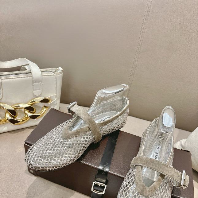 ALAIA 26S MESH FLATS IN BEIGE BROWN SUEDE