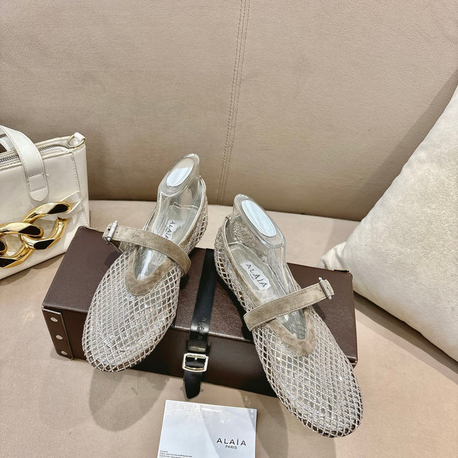 ALAIA 26S MESH FLATS IN BEIGE BROWN SUEDE