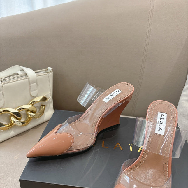 ALAIA 26S HIGH-HEEL WEDGE MULES 95 MM IN LIGHT BROWN GLOSSY CALFSKIN