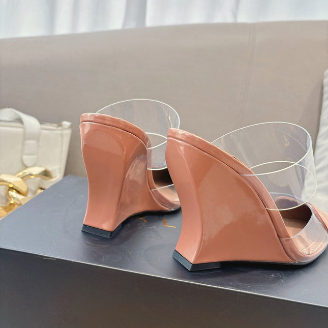 ALAIA 26S HIGH-HEEL WEDGE MULES 95 MM IN LIGHT BROWN GLOSSY CALFSKIN