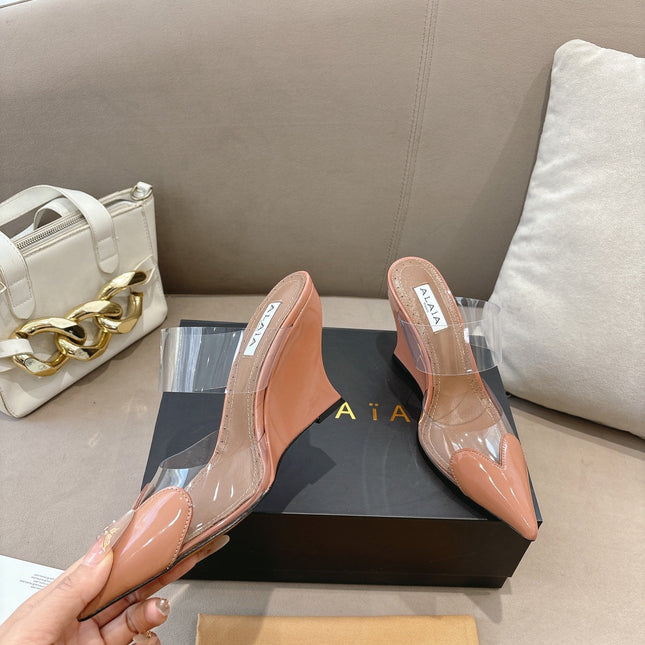 ALAIA 26S HIGH-HEEL WEDGE MULES 95 MM IN LIGHT BROWN GLOSSY CALFSKIN
