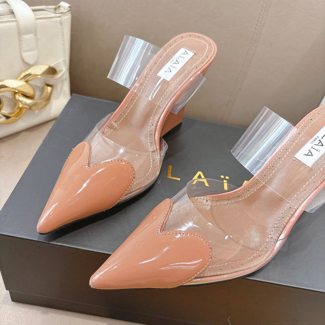 ALAIA 26S HIGH-HEEL WEDGE MULES 95 MM IN LIGHT BROWN GLOSSY CALFSKIN