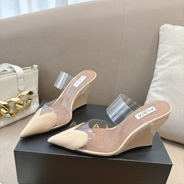 ALAIA 26S HIGH-HEEL WEDGE MULES 95 MM IN BEIGE GLOSSY CALFSKIN
