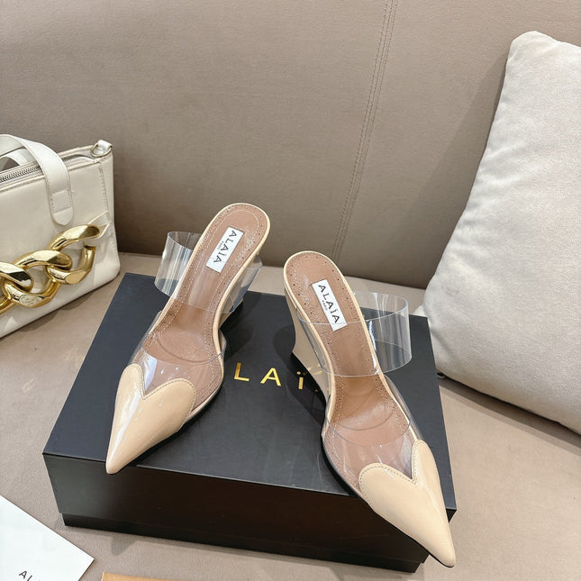 ALAIA 26S HIGH-HEEL WEDGE MULES 95 MM IN BEIGE GLOSSY CALFSKIN