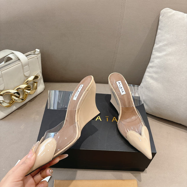 ALAIA 26S HIGH-HEEL WEDGE MULES 95 MM IN BEIGE GLOSSY CALFSKIN