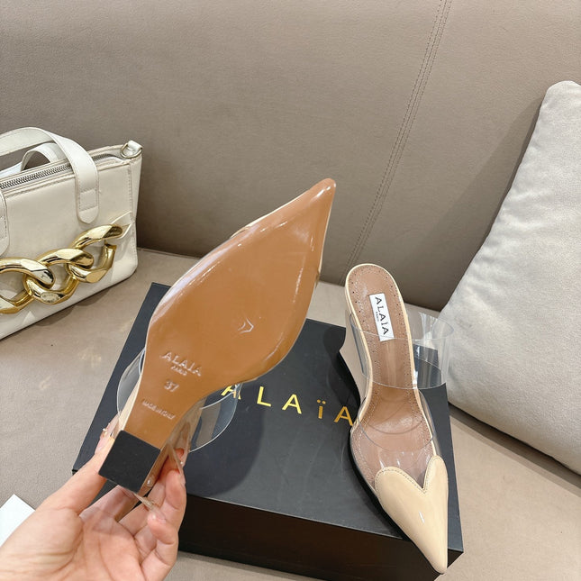 ALAIA 26S HIGH-HEEL WEDGE MULES 95 MM IN BEIGE GLOSSY CALFSKIN