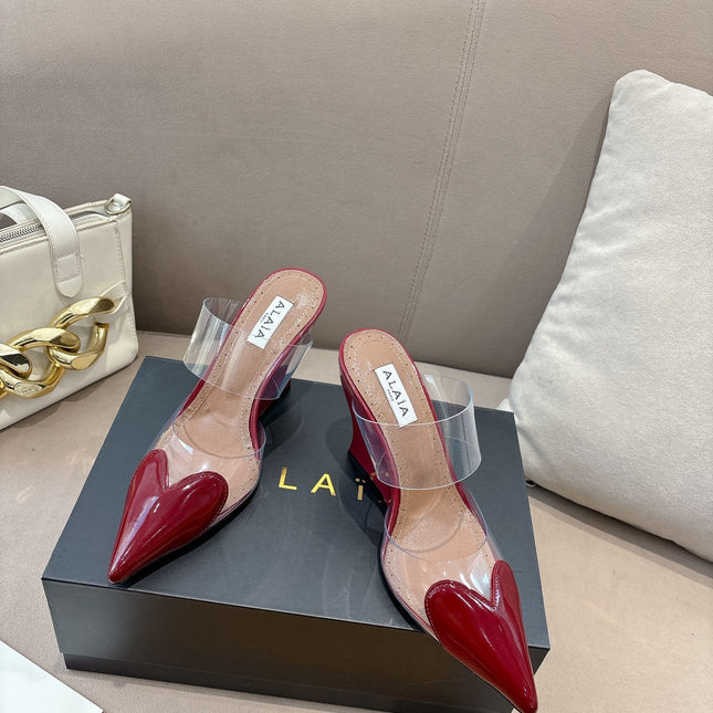 ALAIA 26S HIGH-HEEL WEDGE MULES 95 MM IN DARK RED GLOSSY CALFSKIN