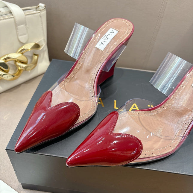 ALAIA 26S HIGH-HEEL WEDGE MULES 95 MM IN DARK RED GLOSSY CALFSKIN