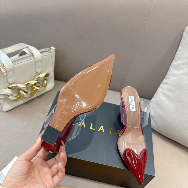 ALAIA 26S HIGH-HEEL WEDGE MULES 95 MM IN DARK RED GLOSSY CALFSKIN