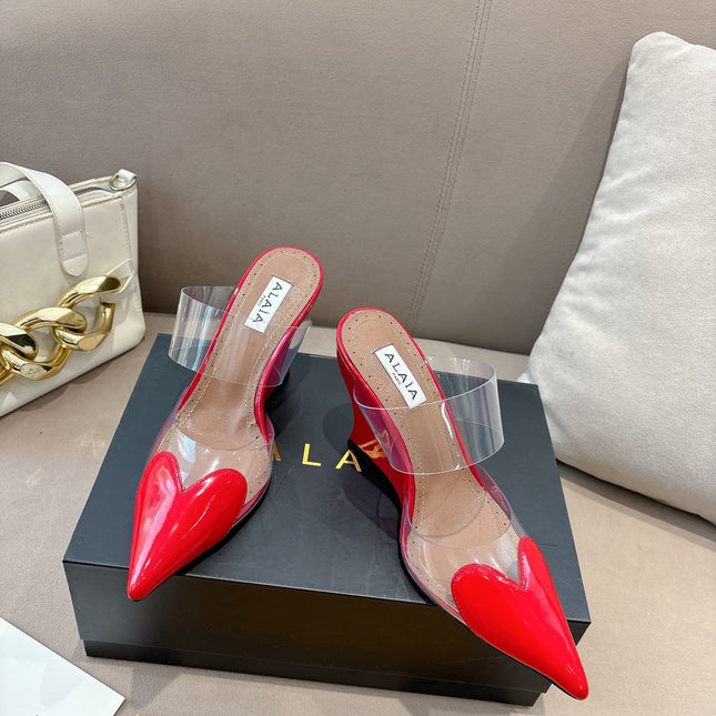 ALAIA 26S HIGH-HEEL WEDGE MULES 95 MM IN RED GLOSSY CALFSKIN