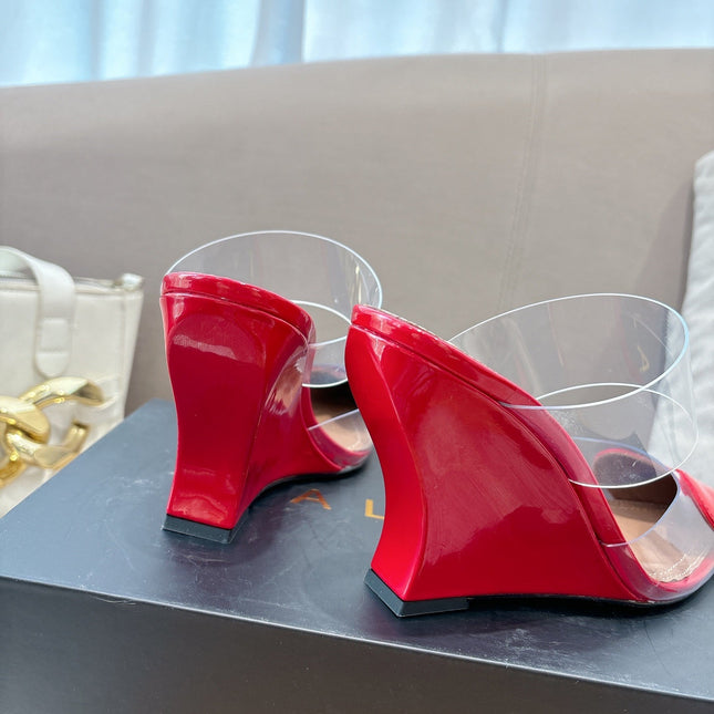 ALAIA 26S HIGH-HEEL WEDGE MULES 95 MM IN RED GLOSSY CALFSKIN