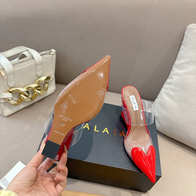 ALAIA 26S HIGH-HEEL WEDGE MULES 95 MM IN RED GLOSSY CALFSKIN