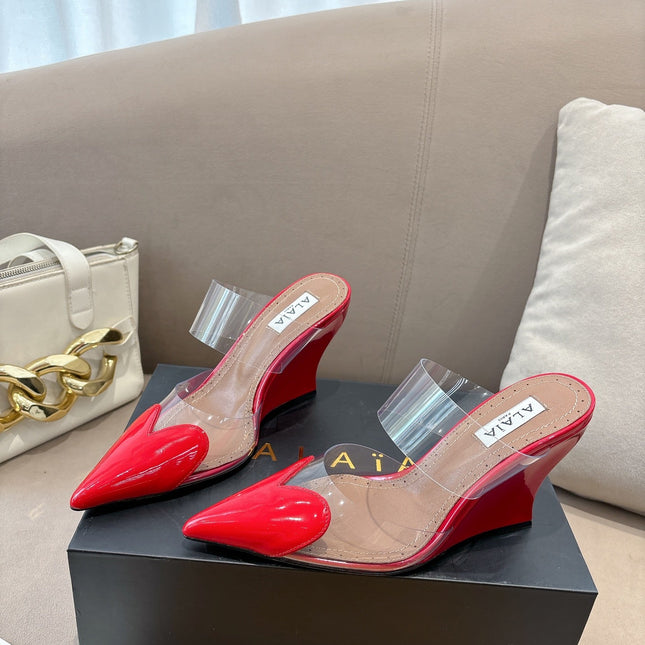 ALAIA 26S HIGH-HEEL WEDGE MULES 95 MM IN RED GLOSSY CALFSKIN