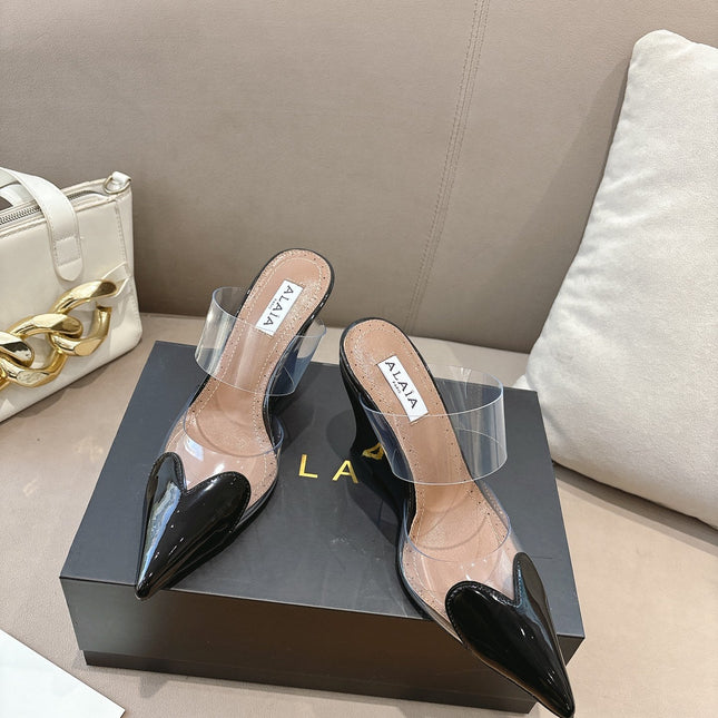 ALAIA 26S HIGH-HEEL WEDGE MULES 95 MM IN BLACK GLOSSY CALFSKIN