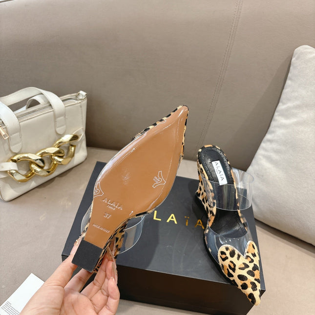 ALAIA 26S HIGH-HEEL WEDGE MULES 95 MM IN LEOPARD PRINT PONY HAIR