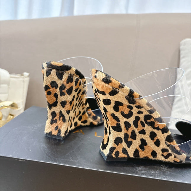 ALAIA 26S HIGH-HEEL WEDGE MULES 95 MM IN LEOPARD PRINT PONY HAIR