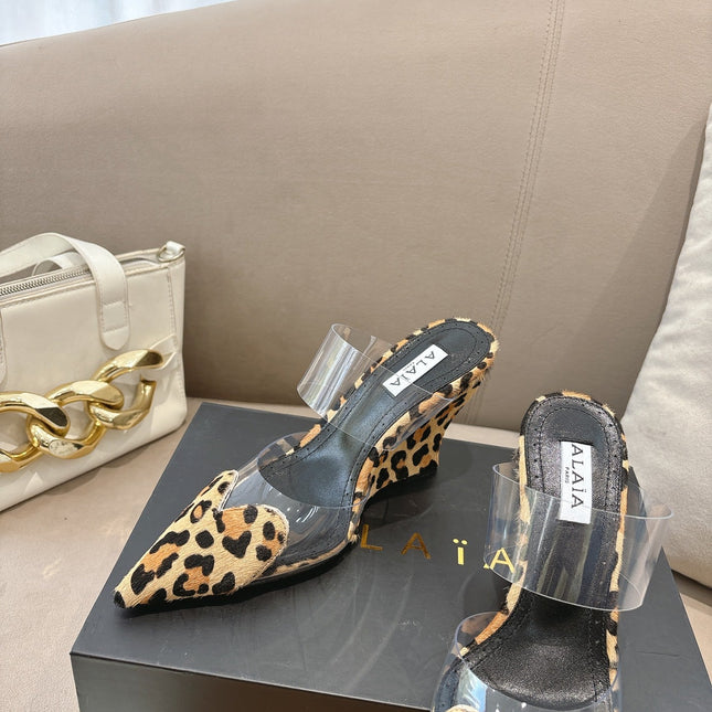 ALAIA 26S HIGH-HEEL WEDGE MULES 95 MM IN LEOPARD PRINT PONY HAIR
