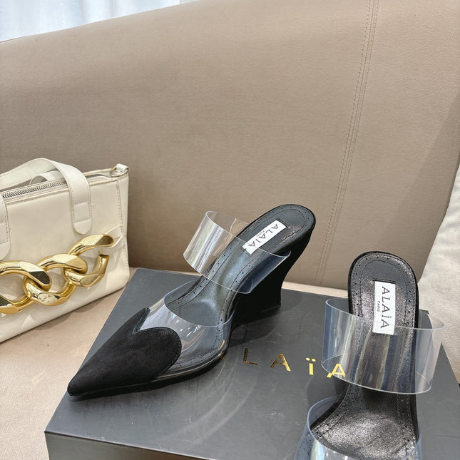 ALAIA 26S HIGH-HEEL WEDGE MULES 95 MM IN BLACK SUEDE